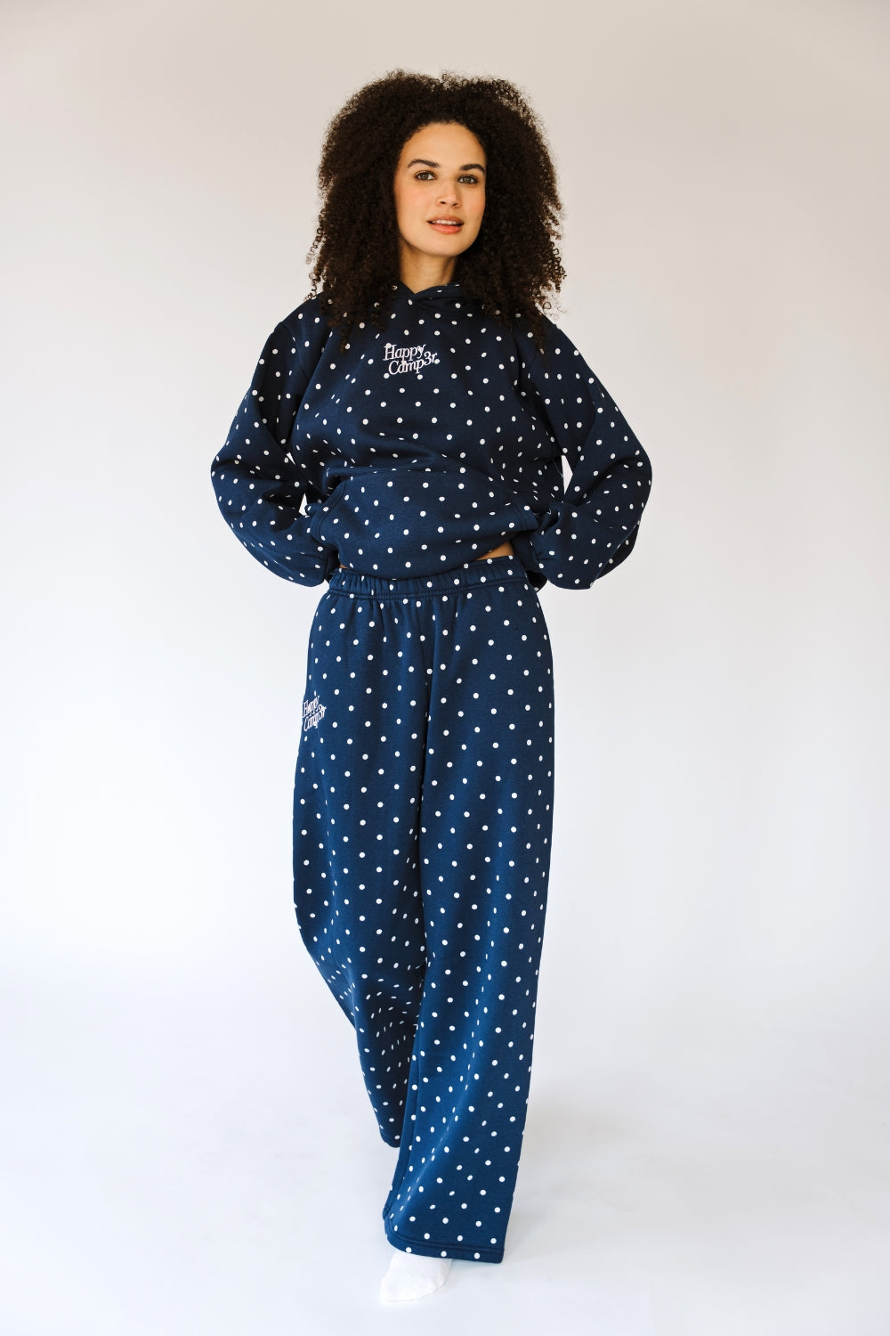 Navy and white polka dot sweatpants