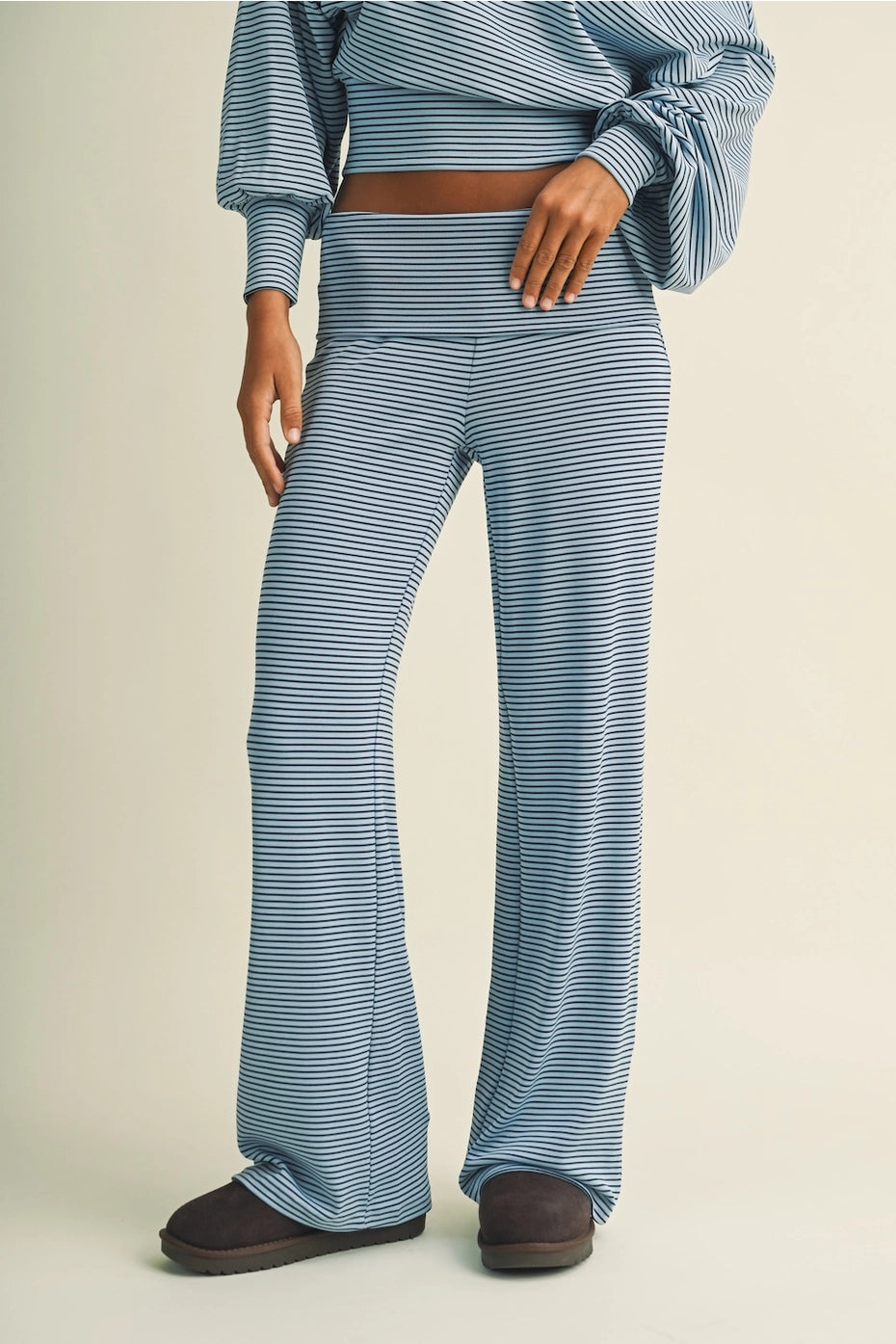 Fold over wide leg pants that are navy and light blue striped