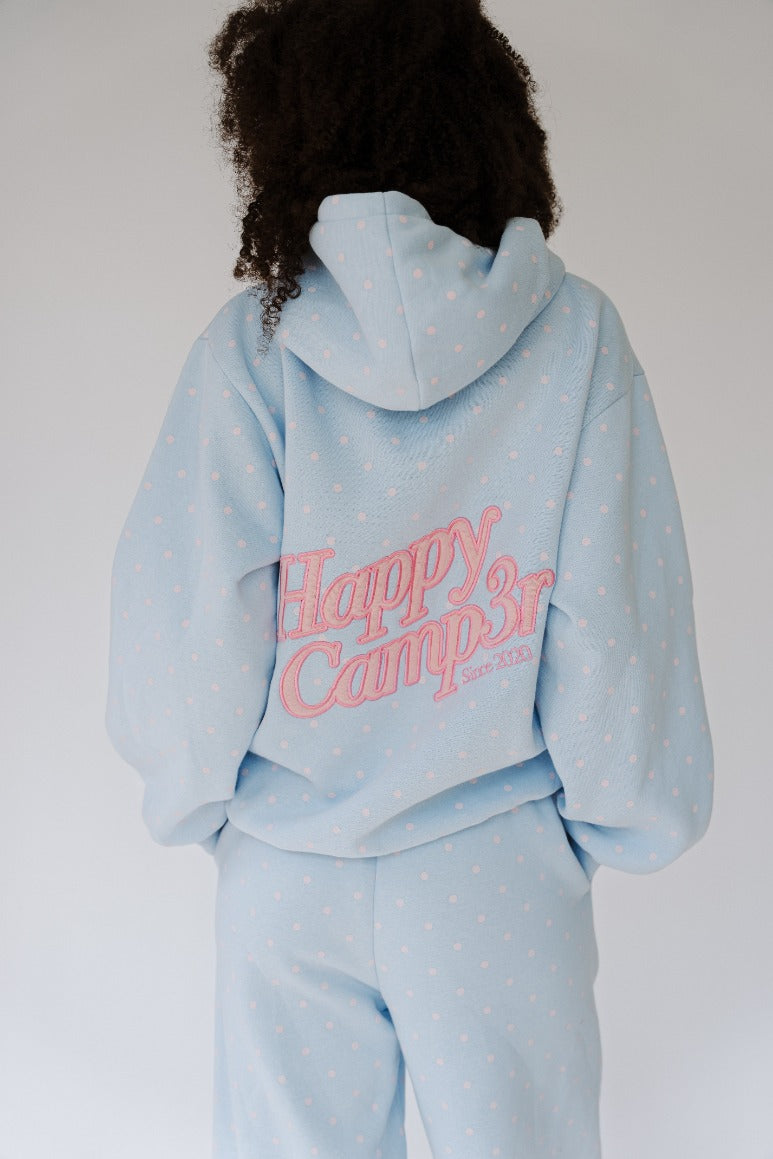 Polka dot hoodie Blue and pink with Happy Camp3r on back